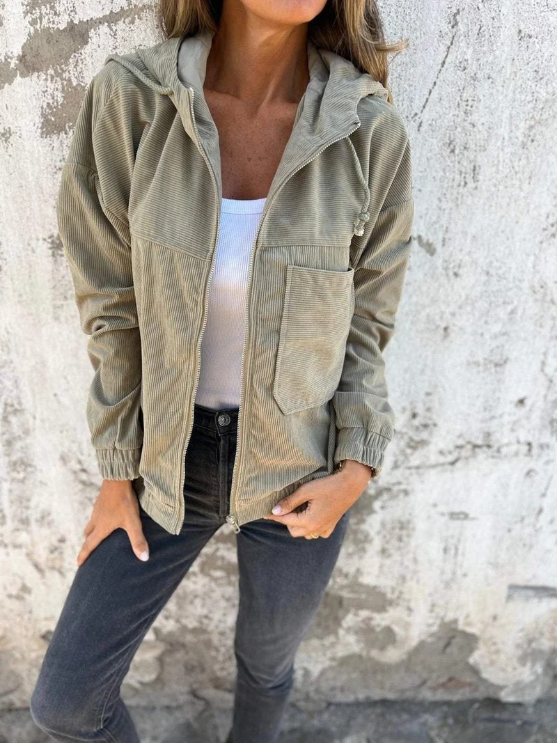 Johanna | Damen Cord Kapuzenjacke mit Reißverschluss Oversized Freizeitjacke