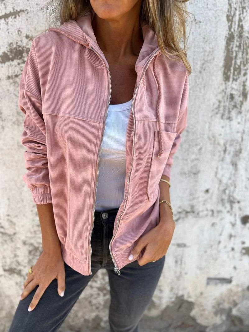 Johanna | Damen Cord Kapuzenjacke mit Reißverschluss Oversized Freizeitjacke