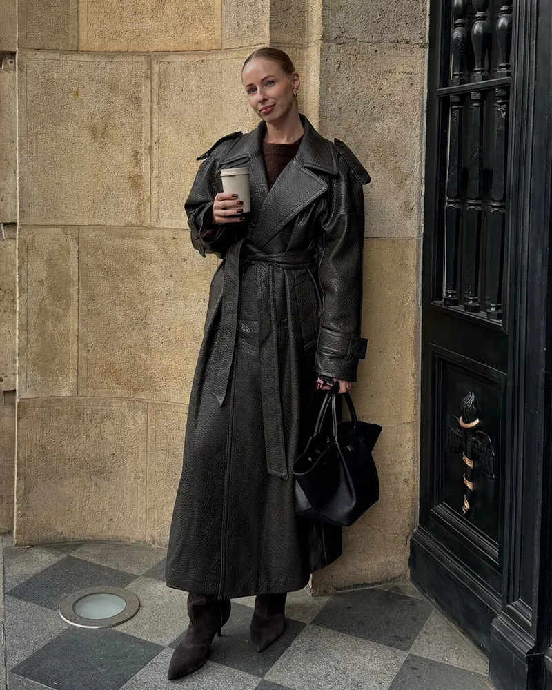 Marie | Damen Langer Winter-Trenchmantel aus Leder