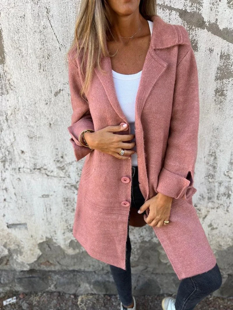 Marlene | Damen Women Coat Lässiger Langer Mantel mit Revers und Knöpfen