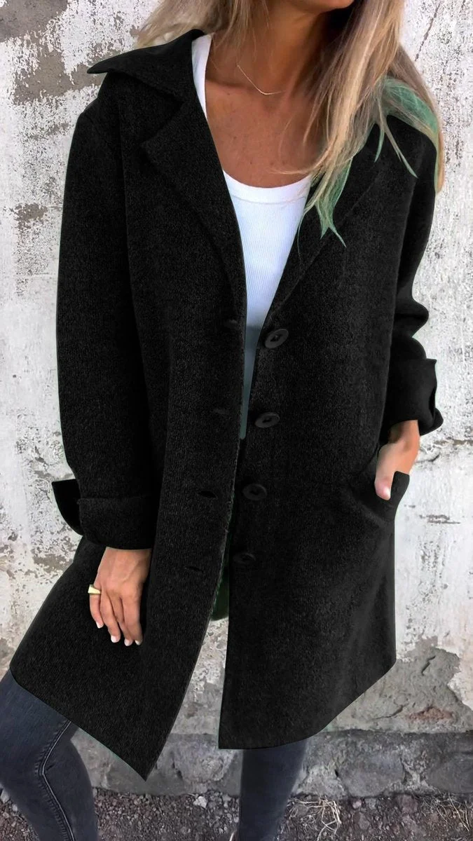 Marlene | Damen Women Coat Lässiger Langer Mantel mit Revers und Knöpfen