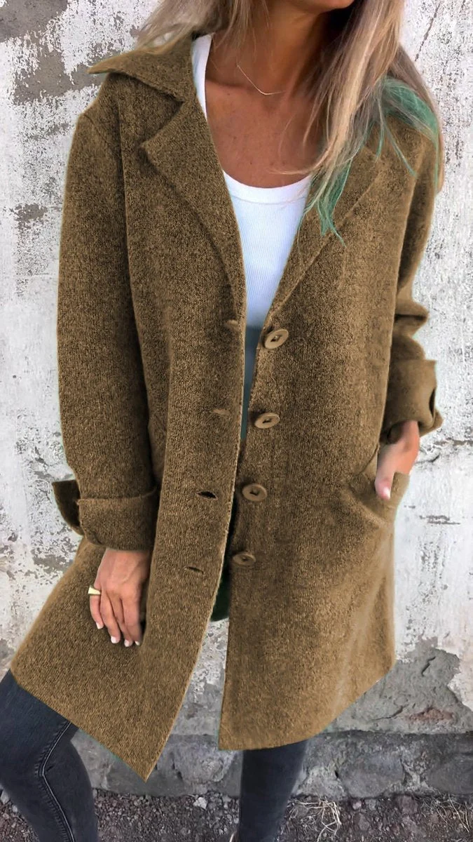 Marlene | Damen Women Coat Lässiger Langer Mantel mit Revers und Knöpfen