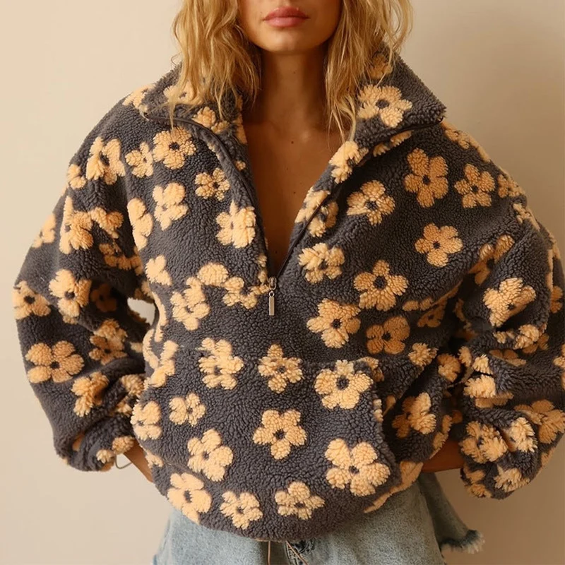 Marlene | Damen Oversize Sherpa Fleece Pullover Sweater Blumenmuster