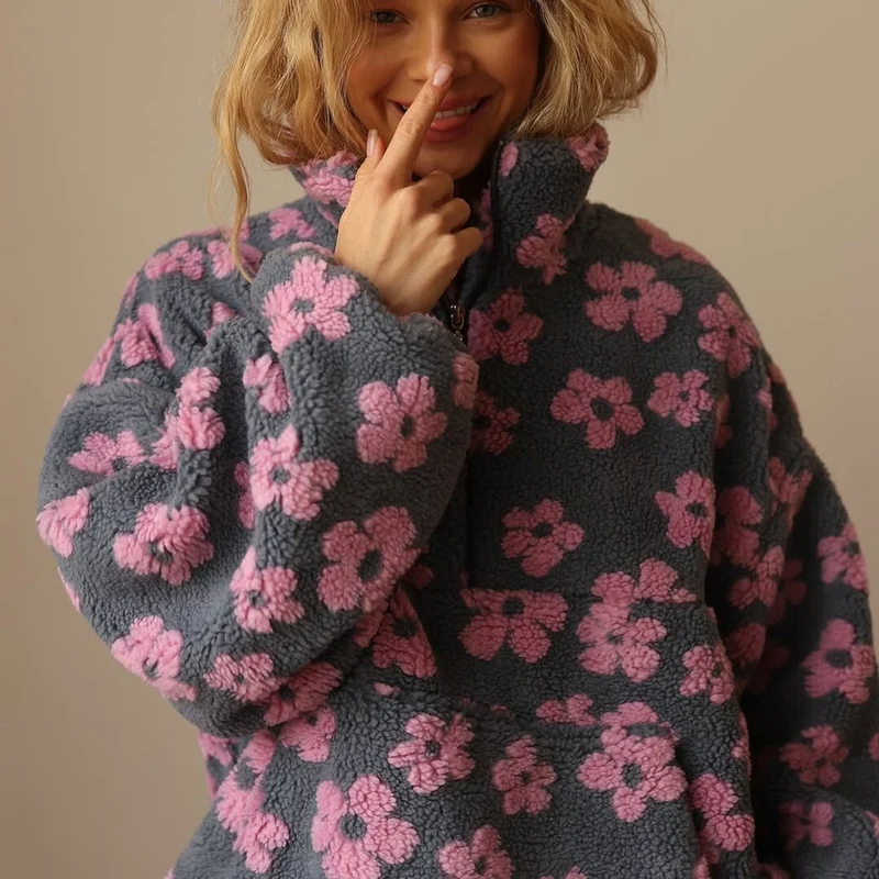 Marlene | Damen Oversize Sherpa Fleece Pullover Sweater Blumenmuster