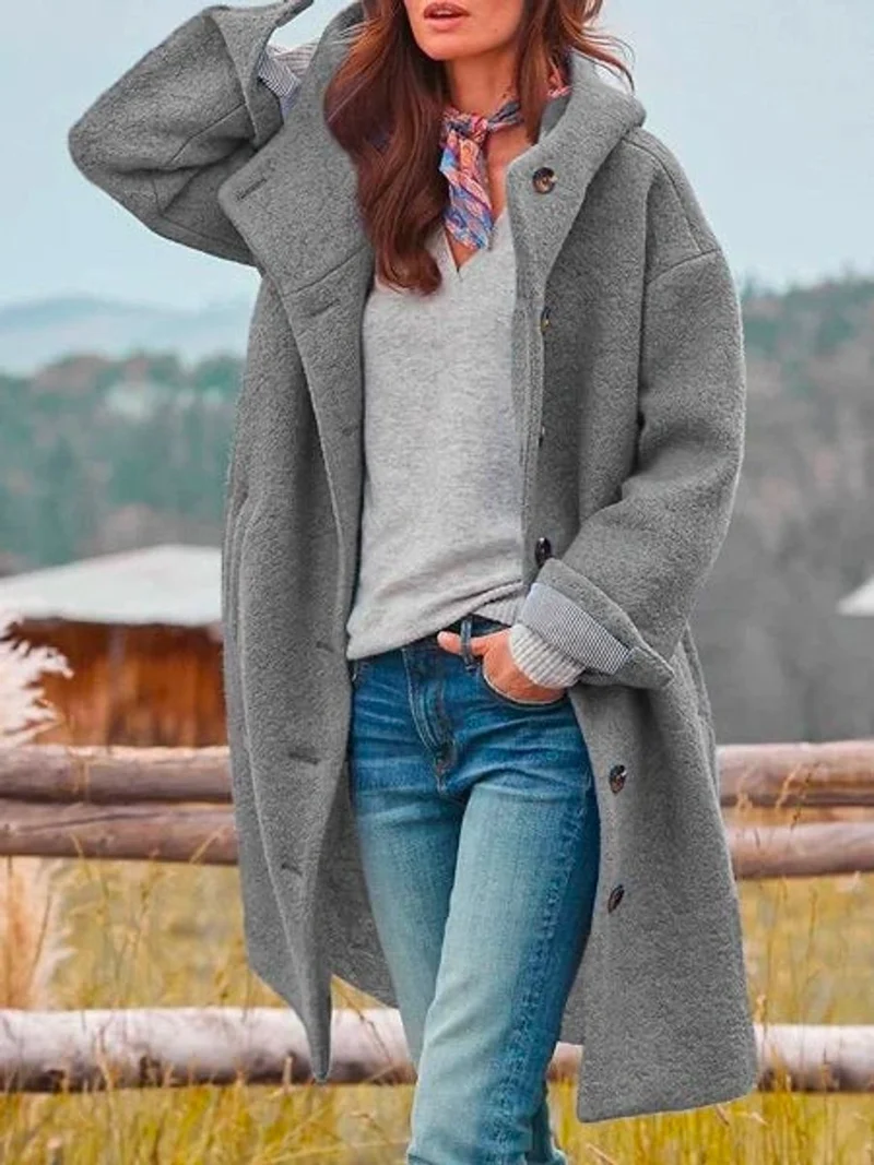 Luisa | Damen Mantel Langarm Fleece Plüschjacke mit Kapuze