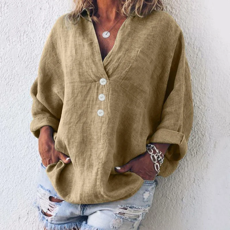 Luisa | Damen Sweater Lässige Baumwoll-Leinen Bluse V-Ausschnitt Langarm