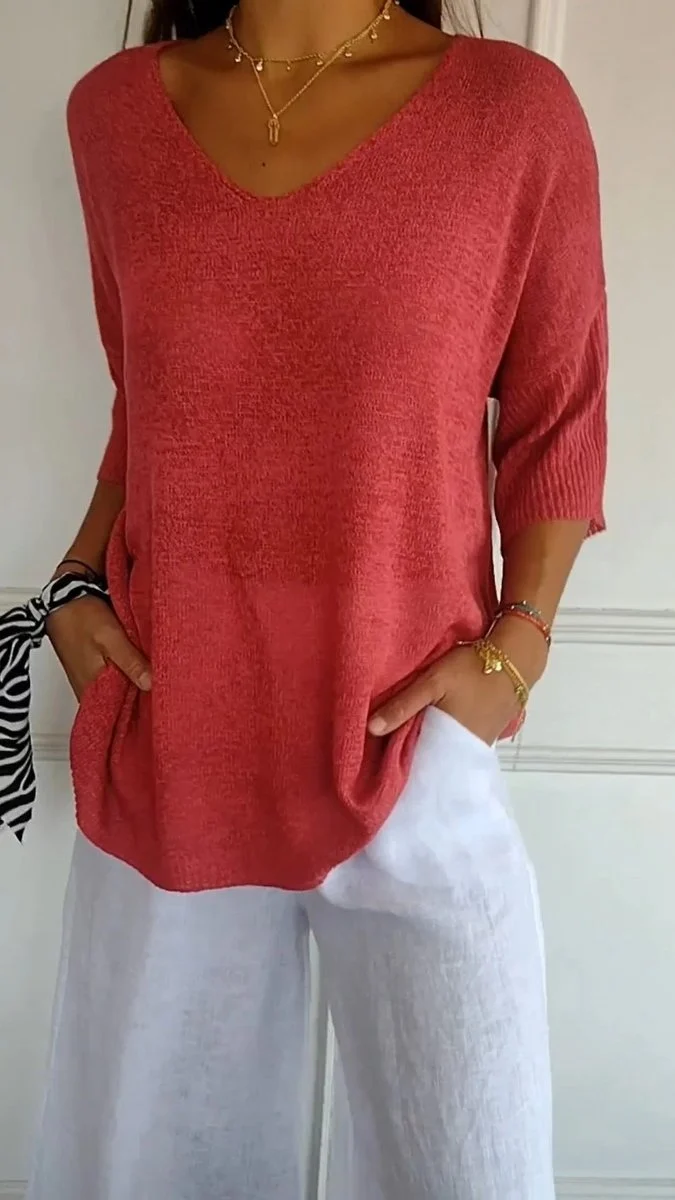 Lena | Damen Strick-Top V-Ausschnitt Halbarm weicher Oversize-Schnitt