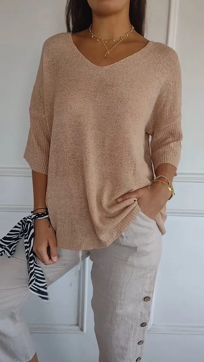 Lena | Damen Strick-Top V-Ausschnitt Halbarm weicher Oversize-Schnitt