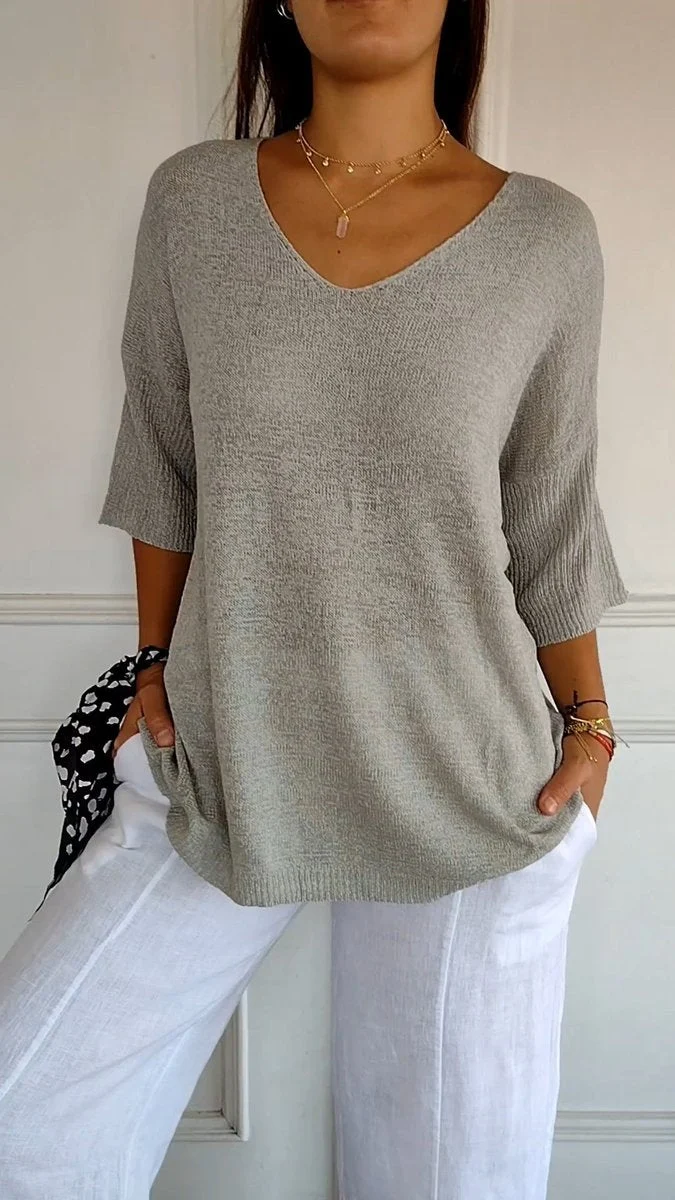 Lena | Damen Strick-Top V-Ausschnitt Halbarm weicher Oversize-Schnitt