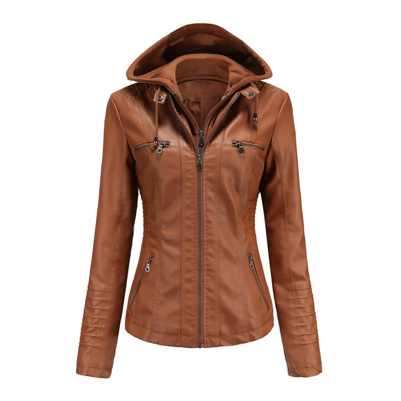 Lara | Damen Kunstleder-Motorradjacke mit Kapuze