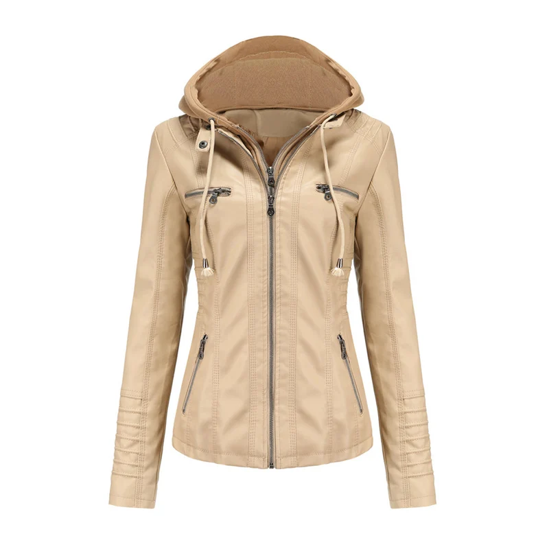 Lara | Damen Kunstleder-Motorradjacke mit Kapuze