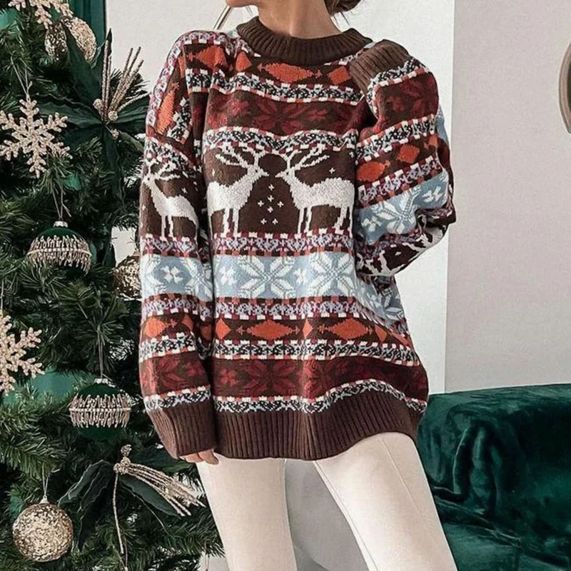 Johanna | Damen Weihnachtspullover mit Rentiermuster lockere Passform festlicher Strickpullover