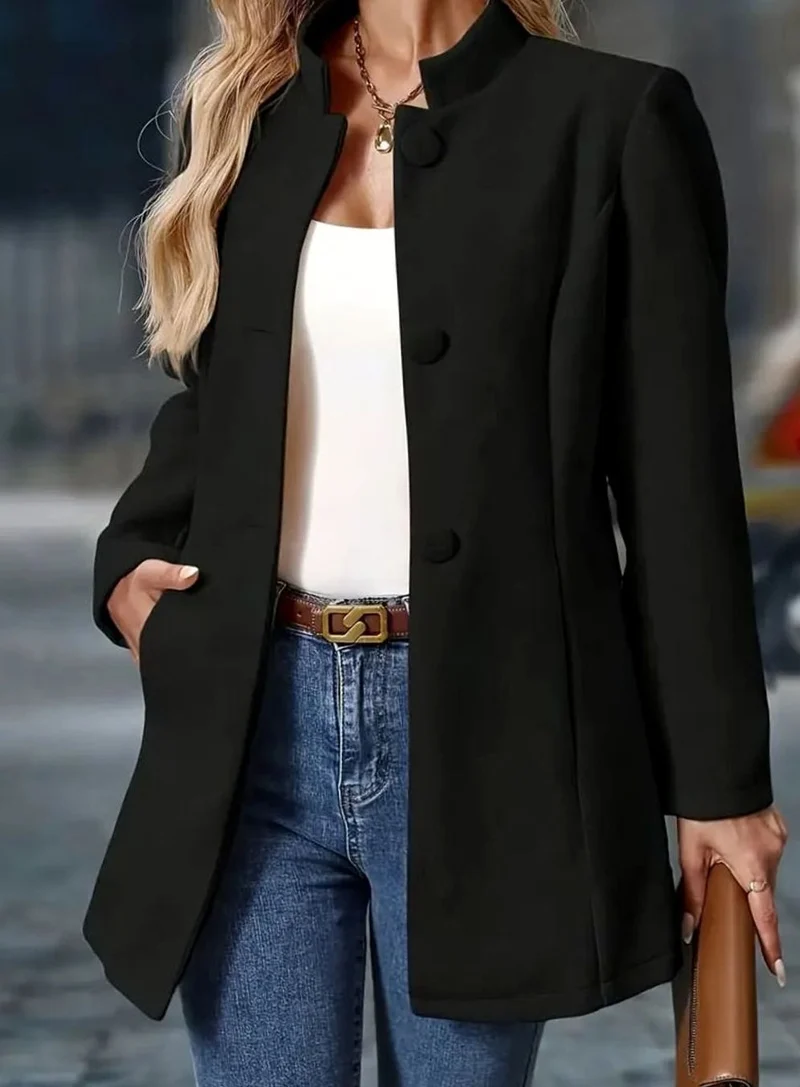 Greta | Damen Wintermantel mit Knöpfen Stehkragen eleganter langer Schnitt