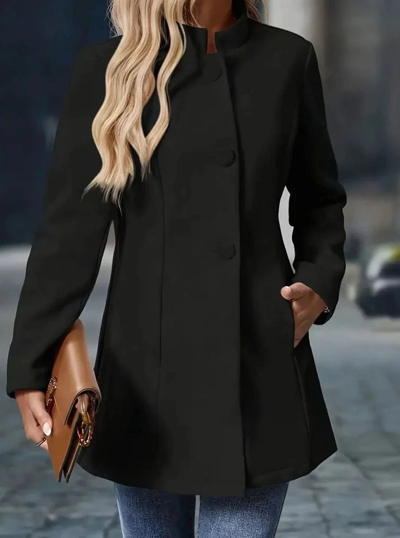 Greta | Damen Wintermantel mit Knöpfen Stehkragen eleganter langer Schnitt