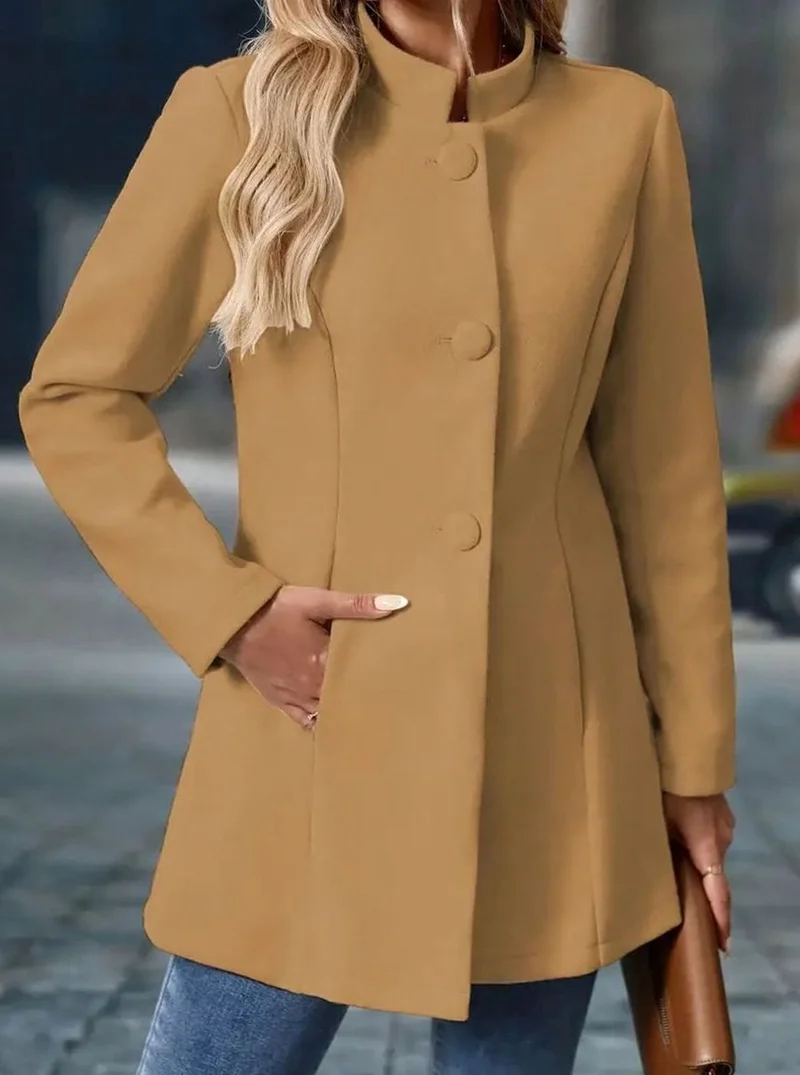 Greta | Damen Wintermantel mit Knöpfen Stehkragen eleganter langer Schnitt
