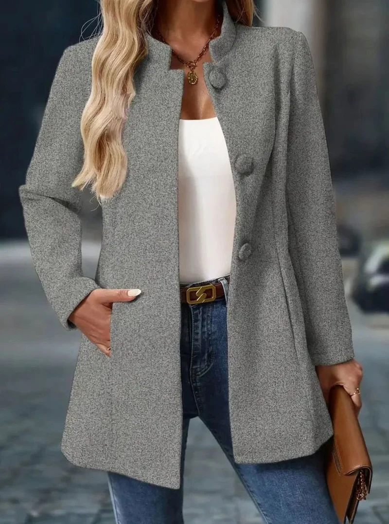 Greta | Damen Wintermantel mit Knöpfen Stehkragen eleganter langer Schnitt