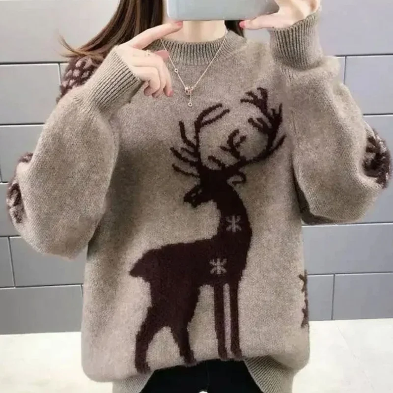 Marlene | Damen Weihnachtspullover mit Rentiermotiv Oversized Strickpullover