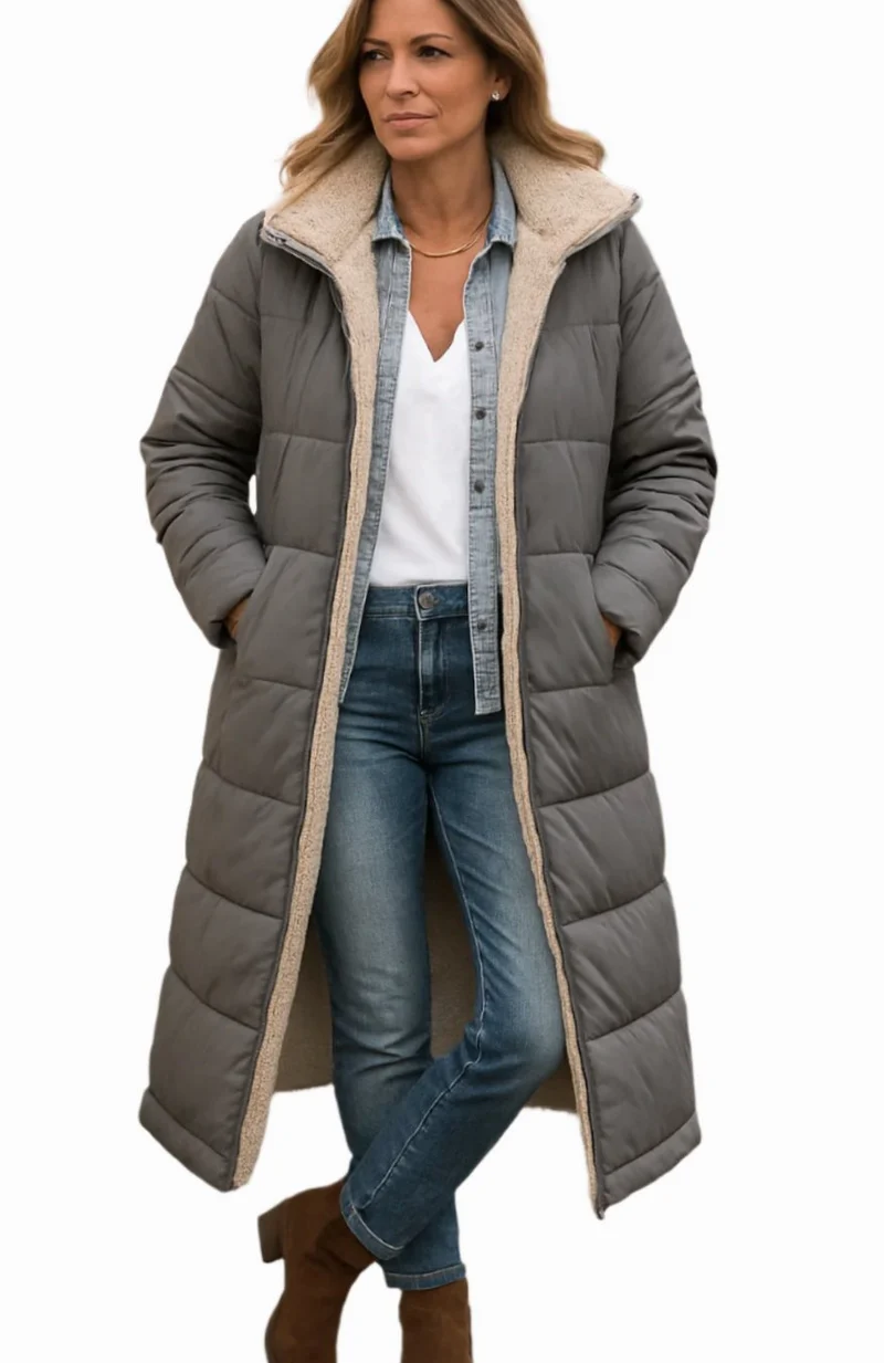Frieda | Damen Longline Puffer Jacke mit Teddyfutter und Kapuze