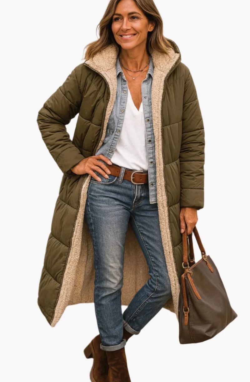 Frieda | Damen Longline Puffer Jacke mit Teddyfutter und Kapuze