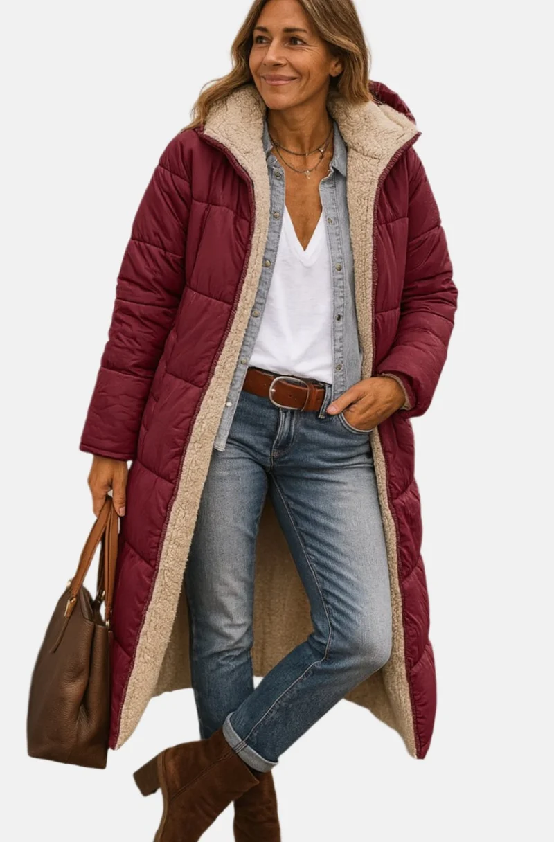 Frieda | Damen Longline Puffer Jacke mit Teddyfutter und Kapuze