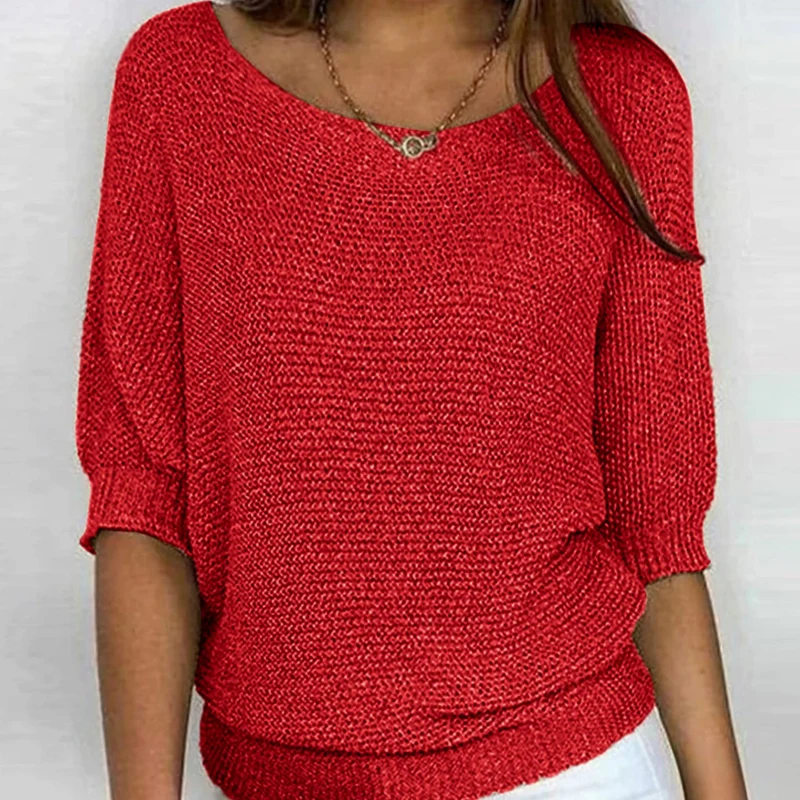 Katharina | Damen Eleganter Pullover Lockerer Strickpullover Rundhals 3/4-Arm