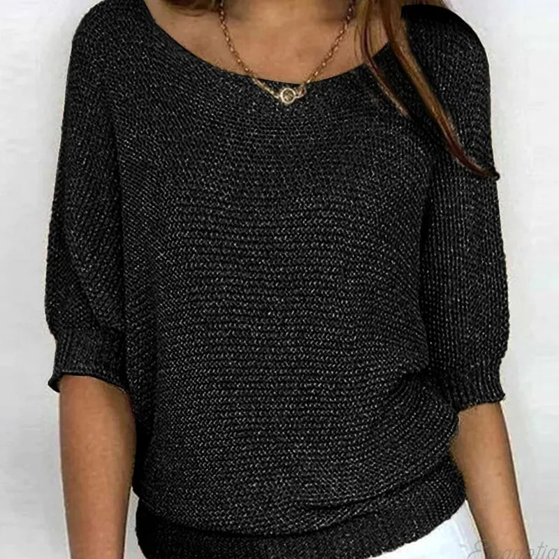 Katharina | Damen Eleganter Pullover Lockerer Strickpullover Rundhals 3/4-Arm