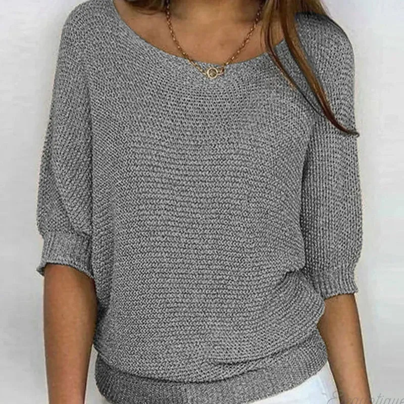 Katharina | Damen Eleganter Pullover Lockerer Strickpullover Rundhals 3/4-Arm