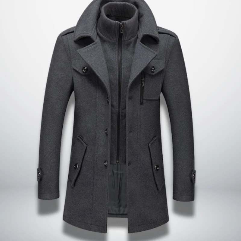 Julian | Herren Smart-Casual Wollmantel mit Knopfverschluss und Stehkragen-Innenjacke