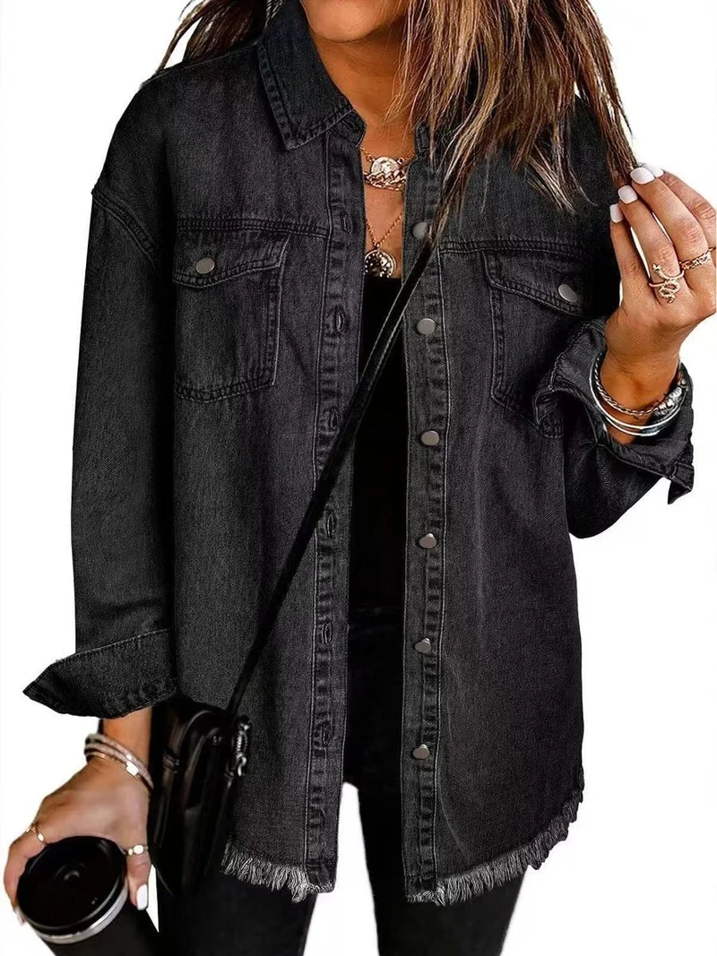 Elfriede | Damen Oversized Jeansjacke Langarm mit Knopfleiste Fransen-Saum
