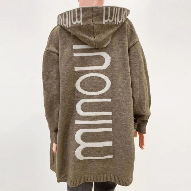 Lena | Damen Strickjacke mit Kapuze Langarm Schriftzug Muster