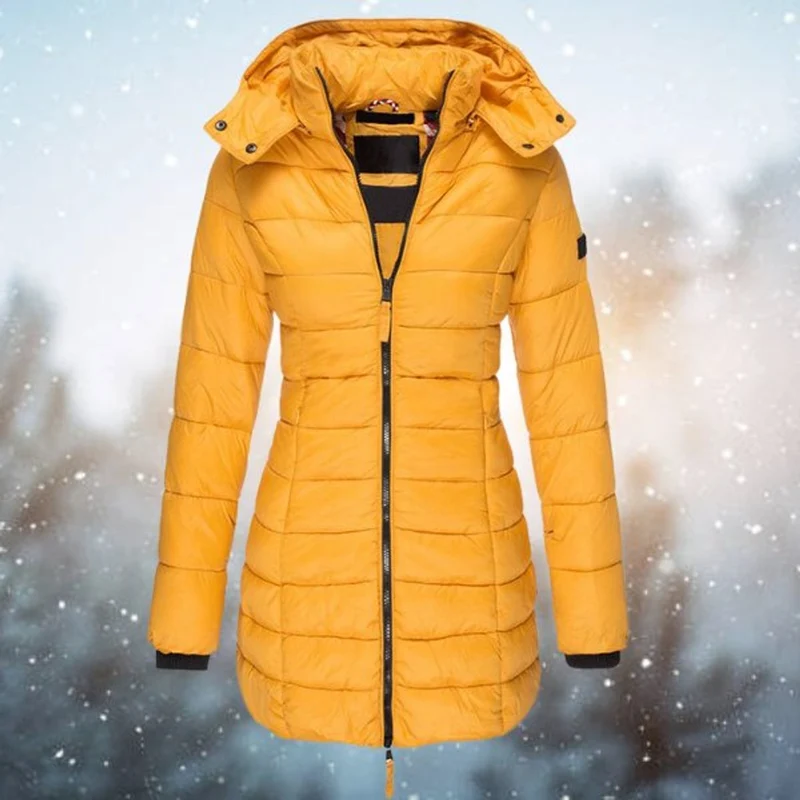 Luisa | Damen Steppjacke Kapuze Langer Schnitt Warme Winterjacke