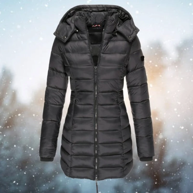 Luisa | Damen Steppjacke Kapuze Langer Schnitt Warme Winterjacke