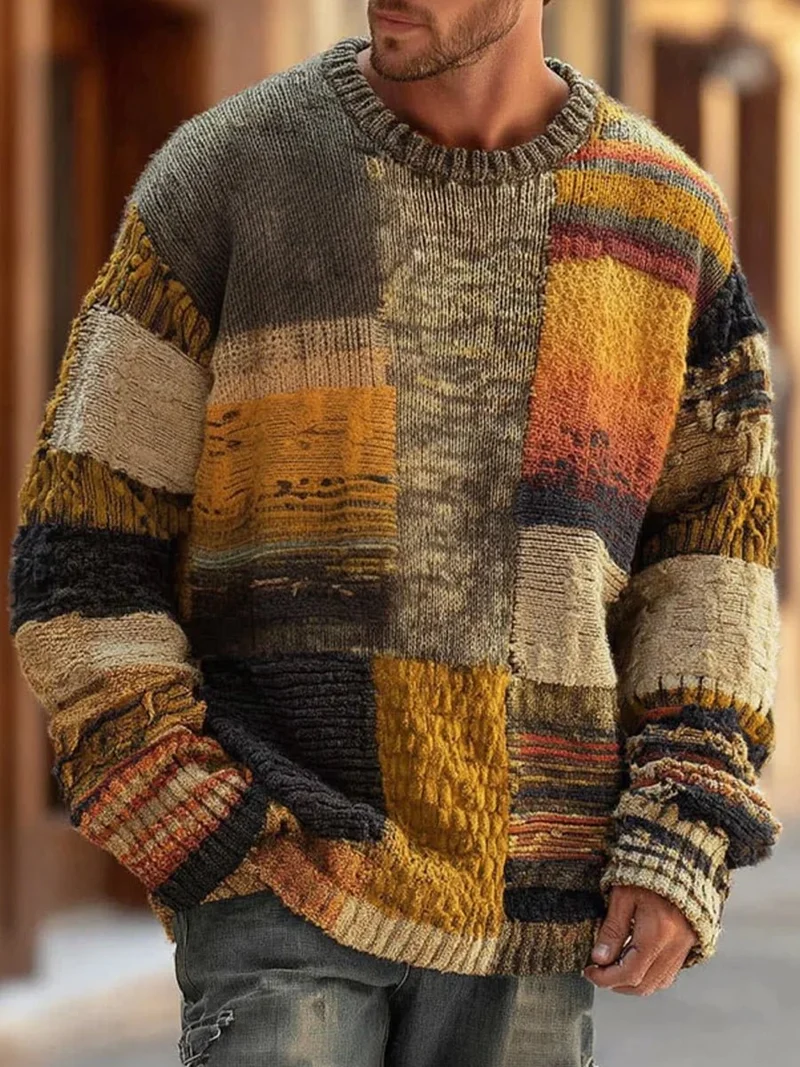 Lukas | Herren Strickpullover Patchwork Rundhals Langarm Grobstrick