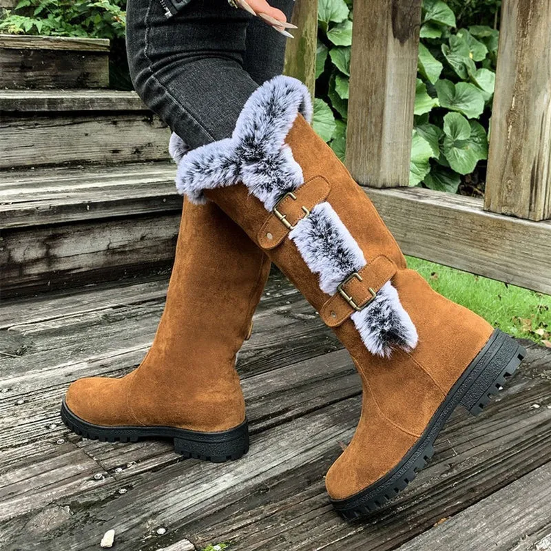 Frieda | Damen Kniehohe Stiefel Plüsch Schnallen Winterstiefel Warm