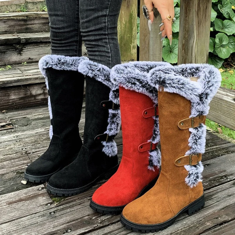 Frieda | Damen Kniehohe Stiefel Plüsch Schnallen Winterstiefel Warm