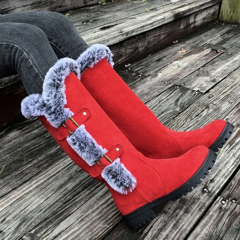 Frieda | Damen Kniehohe Stiefel Plüsch Schnallen Winterstiefel Warm