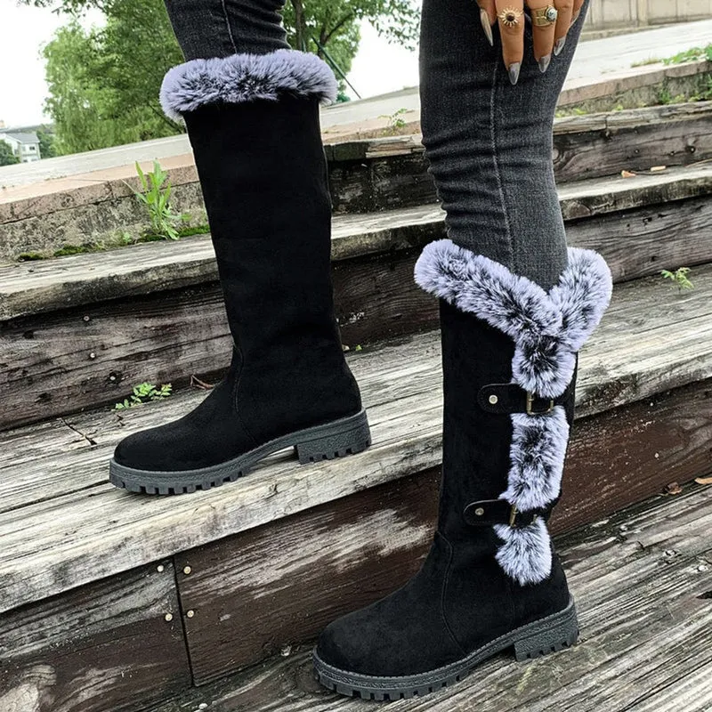 Frieda | Damen Kniehohe Stiefel Plüsch Schnallen Winterstiefel Warm