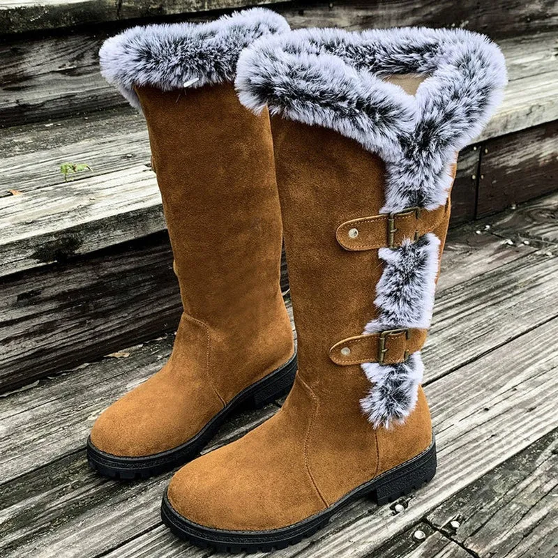 Frieda | Damen Kniehohe Stiefel Plüsch Schnallen Winterstiefel Warm