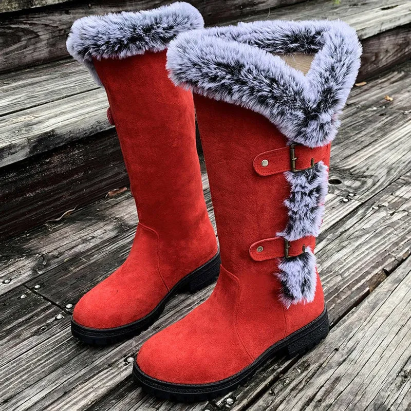Frieda | Damen Kniehohe Stiefel Plüsch Schnallen Winterstiefel Warm