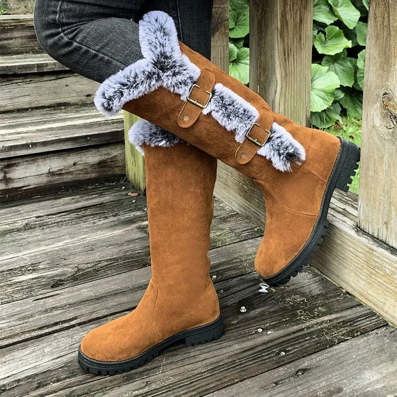 Frieda | Damen Kniehohe Stiefel Plüsch Schnallen Winterstiefel Warm