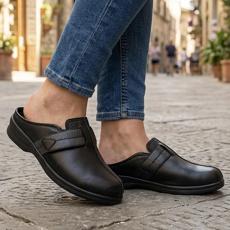 Extra Wide Leather Slip On Clogs - BELLIS / 330 166 - Black-Grey
