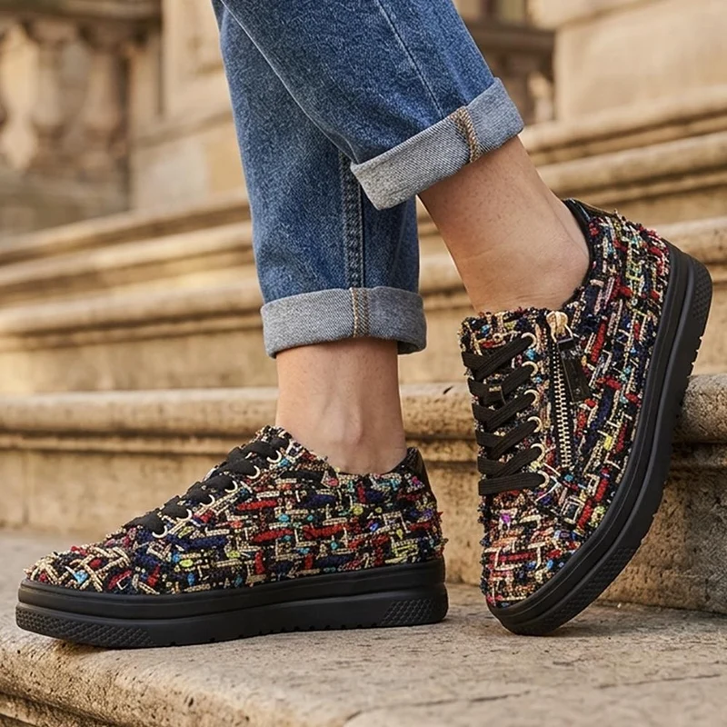 Wide Fit Zip & Lace Platform Trainers - WBINS43003 / 328 884 - Black Multi
