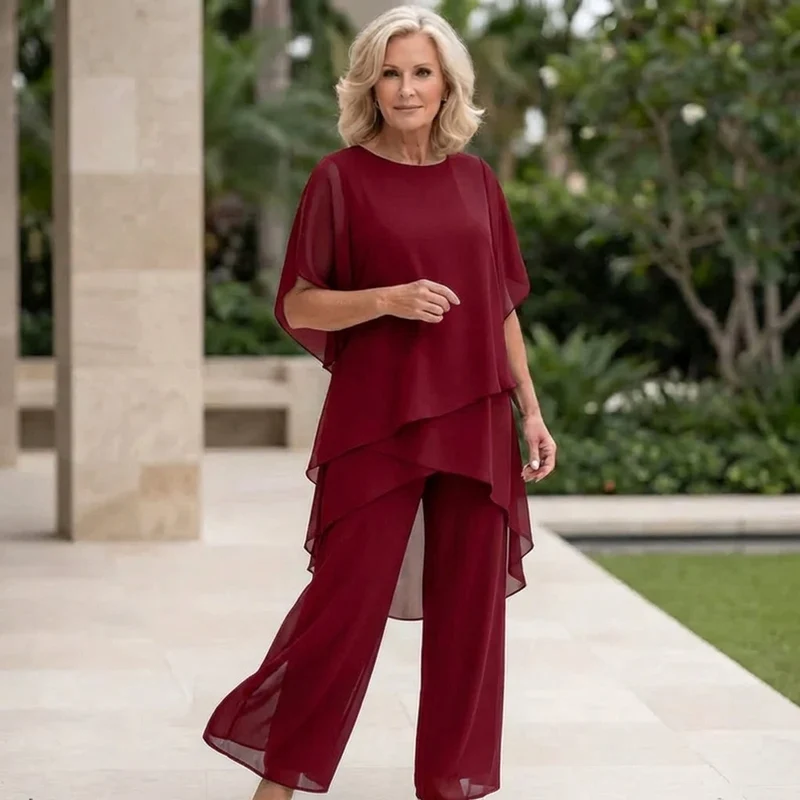 Leonie | Damen Elegantes Chiffon Lagen-Set Oberteil Hose