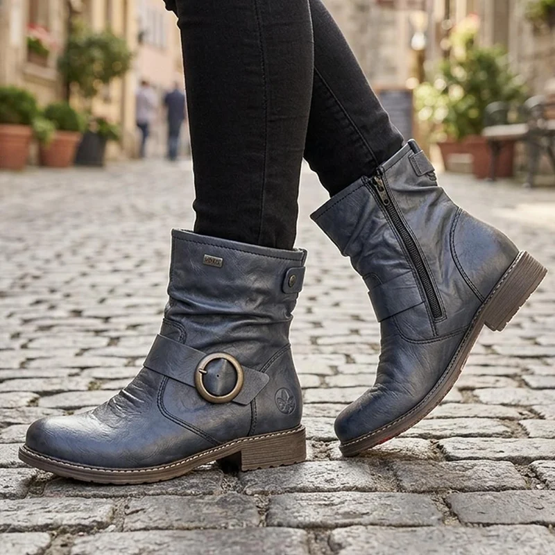 Rieker Wide Fit Buckle Detail Slouch Ankle Boots - RKR44500 / 329 727 - Navy