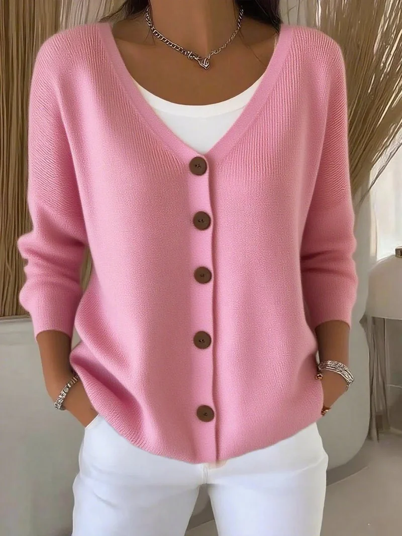 Leonie | Damen Strickjacke V-Ausschnitt Langarm Knopfleiste Sweater Women