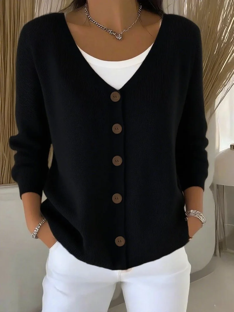 Leonie | Damen Strickjacke V-Ausschnitt Langarm Knopfleiste Sweater Women