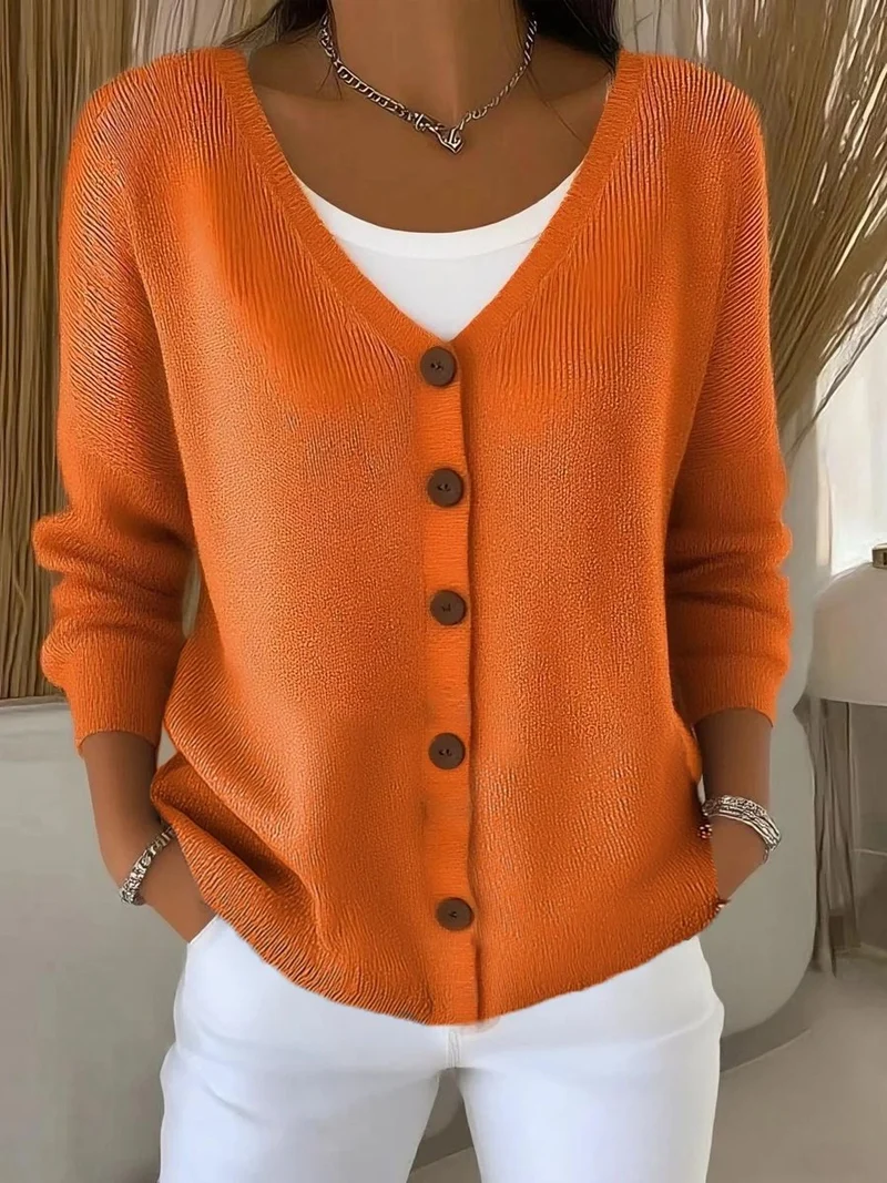 Leonie | Damen Strickjacke V-Ausschnitt Langarm Knopfleiste Sweater Women