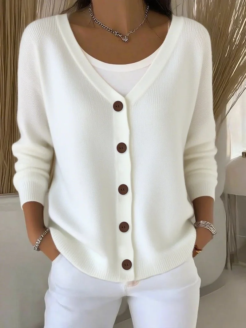 Leonie | Damen Strickjacke V-Ausschnitt Langarm Knopfleiste Sweater Women