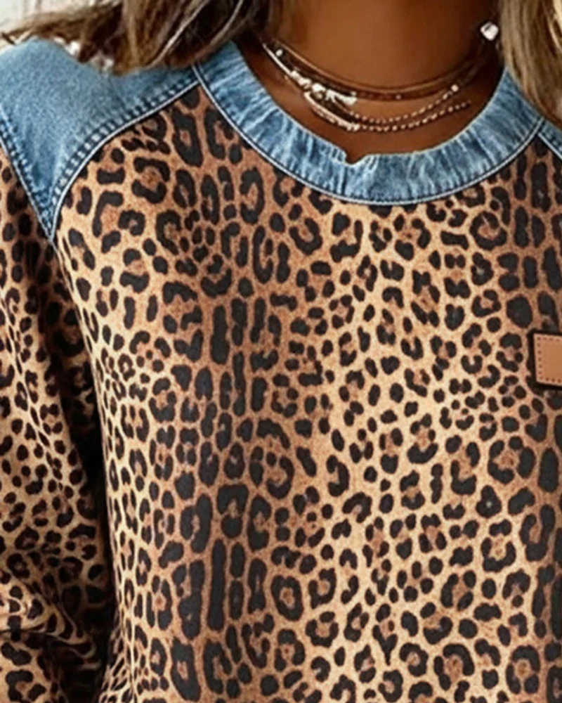 Lena | Damen Sweater Leopardenmuster Denim Patchwork Pullover Rundhals