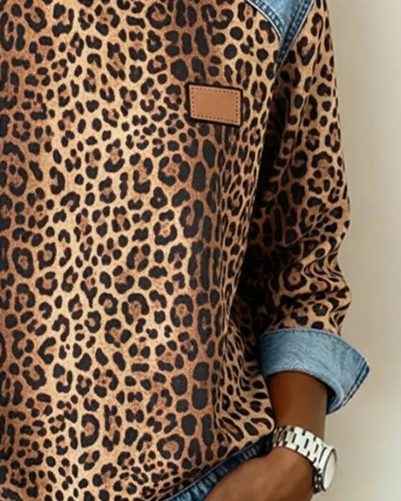 Lena | Damen Sweater Leopardenmuster Denim Patchwork Pullover Rundhals